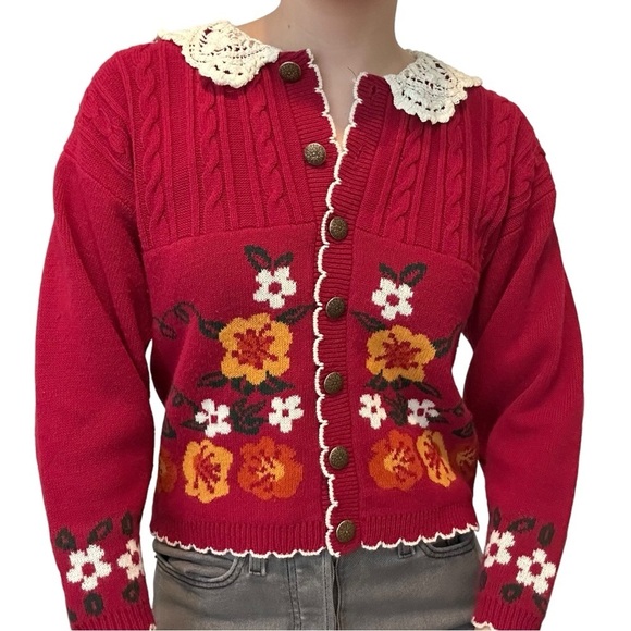 Vintage Cardigan Sweater Lace Trim Grandma Dainty Knit Floral Size Extra Small - Picture 6 of 6